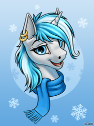 Size: 1080x1440 | Tagged: safe, artist:wwredgrave, oc, oc only, oc:snowflake, pony, unicorn, bust, clothes, commission, ear piercing, female, looking at you, mare, open mouth, piercing, scarf, smiling, solo