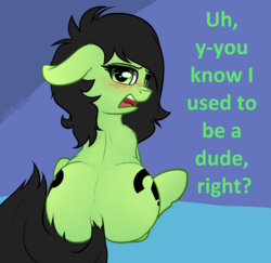 Size: 3943x3827 | Tagged: safe, artist:duop-qoub, artist:redcrow32, oc, oc only, oc:filly anon, pony, blushing, both cutie marks, butt, female, filly, floppy ears, high res, plot, solo, talking to viewer, the ass was fat, transformation, transgender transformation