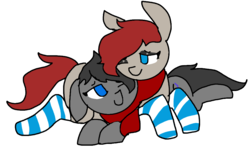 Size: 979x575 | Tagged: safe, artist:nootaz, oc, oc only, oc:kenos, oc:ponepony, best friends, clothes, cute, eyeshadow, looking at each other, makeup, scarf, simple background, snuggling, socks, striped socks, transparent background