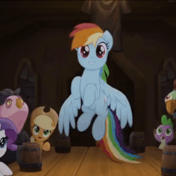 Size: 440x440 | Tagged: safe, screencap, applejack, lix spittle, rainbow dash, rarity, spike, squabble, dragon, parrot pirates, pony, my little pony: the movie, animated, cropped, cute, dashabetes, female, flying, gif, heart, heart hoof, male, mare, pirate, pointing, singing, solo focus, time to be awesome, underhoof