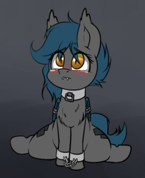 Size: 1876x2305 | Tagged: safe, artist:duop-qoub, oc, oc only, oc:speck, bat pony, bat pony oc, blushing, bondage, both cutie marks, bound wings, chains, chest fluff, collar, cuffs, cutiemarking, female, handcuffed, looking up, mare, solo, wings