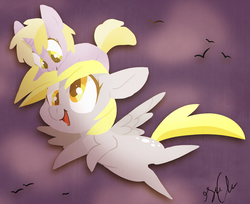 Size: 6374x5203 | Tagged: dead source, safe, artist:shellielle, derpy hooves, dinky hooves, pegasus, pony, unicorn, g4, absurd resolution, chibi, cloud, cute, derpabetes, dinkabetes, dinky riding derpy, equestria's best mother, female, filly, mare, mother and daughter, open mouth, pointy ponies, ponies riding ponies, pony hat, riding, smiling