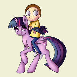 Size: 2880x2880 | Tagged: safe, artist:lamentedmusings, twilight sparkle, alicorn, pony, g4, crossover, high res, humans riding ponies, morty smith, rick and morty, riding, smiling, twilight sparkle (alicorn)