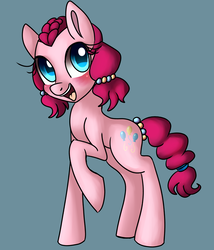 Size: 2376x2772 | Tagged: safe, artist:lamentedmusings, pinkie pie, earth pony, pony, g4, alternate hairstyle, female, high res, raised hoof, simple background, smiling, solo