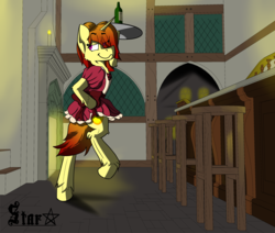 Size: 3377x2857 | Tagged: safe, artist:starrypallet, oc, oc only, semi-anthro, bipedal, clothes, dress, fireplace, high res, night, solo, tavern, waitress