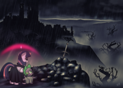 Size: 1576x1126 | Tagged: safe, artist:dsana, spike, twilight sparkle, alicorn, bird, crow, dragon, pony, g4, cloak, clothes, commission, glowing horn, horn, magic, rain, ruins, scenery, sword in the stone, twilight sparkle (alicorn), walking stick