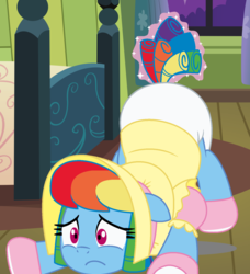 Size: 1412x1548 | Tagged: safe, artist:evilfrenzy, rainbow dash, pegasus, pony, comic:dolly dash, g4, abdl, adult foal, alternate hairstyle, bedroom, bonnet, booties, clothes, cropped, curly mane, diaper, diaper fetish, dress, female, fetish, floppy ears, levitation, magic, mare, non-baby in diaper, poofy diaper, puffy sleeves, rainbow dash always dresses in style, room, show accurate, sitting, solo, telekinesis