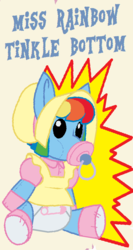Size: 346x652 | Tagged: safe, artist:evilfrenzy, comic:dolly dash, alternate hairstyle, bonnet, booties, clothes, cropped, curly mane, diaper, doll, dress, not rainbow dash, pacifier, poofy diaper, rainbow dash always dresses in style, sitting, solo, toy