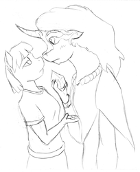 Size: 2078x2544 | Tagged: safe, artist:wesleyfoxx, king sombra, maud pie, earth pony, unicorn, anthro, g4, blushing, clothes, crystal, curved horn, high res, horn, monochrome, pencil drawing, sketch