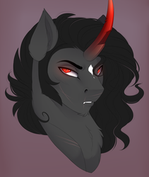 Size: 1933x2293 | Tagged: safe, artist:evehly, king sombra, pony, unicorn, g4, bust, chest fluff, curved horn, fangs, horn, looking at you, male, portrait, red eyes, scar, scarred, simple background, slit pupils, solo, stallion