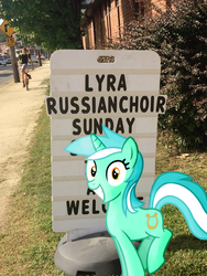 Size: 720x960 | Tagged: safe, artist:moonbrony, edit, editor:arterialblack716, lyra heartstrings, pony, unicorn, g4, female, grin, irl, jumping, looking at you, mare, outdoors, photo, ponies in real life, pun, sign, smiling