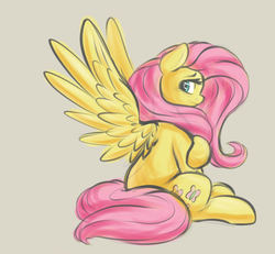 Size: 1700x1569 | Tagged: safe, artist:graphene, fluttershy, pegasus, pony, colored sketch, cute, female, looking at you, profile, shy, shyabetes, simple background, sitting, solo, spread wings, wings