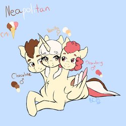 Size: 2000x2000 | Tagged: safe, artist:bunnycat, oc, oc only, oc:chocolate, oc:neapolitan, oc:strawberry, oc:vanilla, alicorn, cerberus, food pony, ice cream pony, original species, pony, alicorn oc, blue background, chest fluff, chocolate, commission, conjoined, conjoined triplets, cutie mark, design, female, female symbol, food, high res, ice cream, ice cream cone, lol, looking at each other, male, male symbol, multiple heads, neapolitan, prone, reference sheet, simple background, smiling, solo, strawberry, three heads, three-headed pony, triplets, vanilla