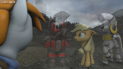 Size: 3840x2160 | Tagged: safe, artist:goatcanon, applejack, zecora, oc, oc:littlepip, oc:steelhooves, earth pony, ghost, pony, unicorn, zebra, fallout equestria, g4, 3d, applejack's rangers, armor, clothes, colored hooves, crossover, ear piercing, earring, fallout, fanfic, fanfic art, female, floppy ears, gun, high res, hooves, jewelry, jumpsuit, male, mare, piercing, power armor, ring, source filmmaker, stallion, steel ranger, vault suit, weapon