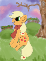 Size: 1352x1800 | Tagged: safe, artist:faience, applejack, g4, apple tree, clothes, female, scarf, solo, tree, wip