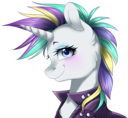 Size: 3114x2893 | Tagged: safe, artist:pillonchou, rarity, pony, unicorn, g4, it isn't the mane thing about you, alternate hairstyle, blushing, clothes, cute, eyeshadow, female, high res, looking at you, makeup, mare, punk, raribetes, raripunk, short hair, simple background, smiling, solo, transparent background