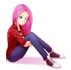 Size: 1024x1005 | Tagged: safe, artist:fj-c, fluttershy, human, equestria girls, g4, clothes, converse, female, hug, humanized, jeans, leg hug, looking at you, pants, plaid shirt, shirt, shoes, simple background, sitting, solo