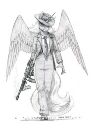 Size: 1100x1478 | Tagged: safe, artist:baron engel, princess luna, alicorn, anthro, unguligrade anthro, g4, clothes, female, gangster, grayscale, gun, hat, looking at you, mare, monochrome, pencil drawing, serious, serious face, simple background, sketch, suit, tommy gun, traditional art, trigger discipline, weapon, white background