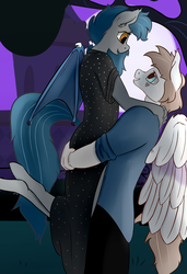 Size: 2400x3500 | Tagged: safe, artist:huckser, oc, oc only, oc:nuke, oc:speck, bat pony, pegasus, anthro, canterlot, clothes, couple, dress, duo, female, high res, hug, husband and wife, looking at each other, male, married couple, married couples doing married things, shipping, smiling, speke, straight