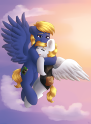 Size: 3366x4548 | Tagged: safe, artist:spirit-dude, oc, oc only, oc:cutting chipset, pegasus, pony, cloud, commission, crying, flying, high res, hug, open mouth, sky, smiling, tears of joy