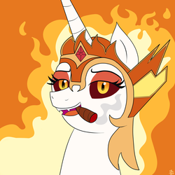 Size: 3000x3000 | Tagged: safe, artist:feralroku, daybreaker, alicorn, pony, g4, bust, cigar, fangs, female, high res, lidded eyes, looking at you, orange background, portrait, simple background, smiling, smoking, smug, solo