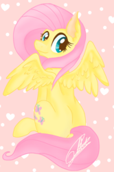 Size: 720x1084 | Tagged: safe, artist:sweetkllrvane, fluttershy, pegasus, pony, g4, cute, female, looking at you, looking back, looking back at you, mare, rear view, shyabetes, signature, sitting, smiling, solo, spread wings, turned head, wings