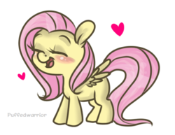 Size: 392x302 | Tagged: safe, artist:frostedpuffs, fluttershy, pegasus, pony, g4, chibi, cute, eyes closed, female, happy, heart, missing cutie mark, open mouth, shyabetes, simple background, smiling, solo, transparent background, wings