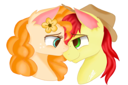 Size: 1084x720 | Tagged: safe, artist:sweetkllrvane, bright mac, pear butter, earth pony, pony, g4, the perfect pear, cowboy hat, female, freckles, hat, husband and wife, kissing, male, mare, ship:brightbutter, shipping, signature, simple background, smiling, stallion, stetson, straight, transparent background