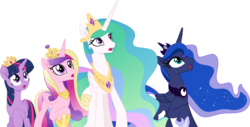 Size: 8092x4096 | Tagged: safe, artist:tralomine, princess cadance, princess celestia, princess luna, twilight sparkle, alicorn, pony, g4, my little pony: the movie, .svg available, absurd resolution, crown, jewelry, looking at something, looking up, open mouth, regalia, royal sisters, siblings, simple background, transparent background, twilight sparkle (alicorn), vector