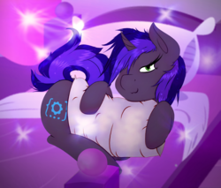 Size: 4000x3410 | Tagged: safe, artist:charrez, oc, oc only, oc:vaalyn, pony, unicorn, bed, bedroom, bedroom eyes, blue hair, cutie mark, lens flare, looking at you, lying down, pillow, smiling, solo