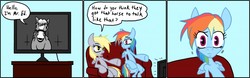 Size: 1280x399 | Tagged: safe, artist:nessvii, derpy hooves, rainbow dash, semi-anthro, g4, aside glance, breaking the fourth wall, comic, couch, dialogue, flatscreen, looking at you, mister ed, television