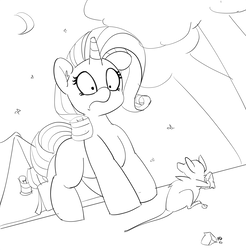 Size: 5000x5074 | Tagged: safe, artist:pabbley, rarity, mouse, pony, unicorn, g4, 30 minute art challenge, absurd resolution, camping, cheese, female, food, frown, mare, monochrome, scared, tent, wide eyes