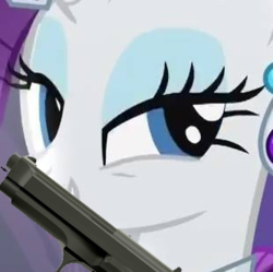 Size: 310x309 | Tagged: safe, edit, rarity, g4, beretta, delet this, female, grin, gun, looking at you, m9, smiling, smirk, solo, weapon