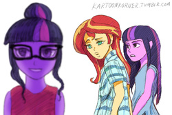 Size: 900x600 | Tagged: safe, artist:grissaecrim, color edit, edit, sci-twi, sunset shimmer, twilight sparkle, equestria girls, g4, colored, colored sketch, distracted, distracted boyfriend meme, female, glasses, jealous, lesbian, looking back, meme, self paradox, ship:sci-twishimmer, ship:sunset twiangle, ship:sunsetsparkle, shipping, simple background, smiling, this will end in polygamy, twolight, white background