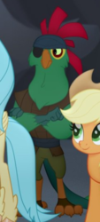 Size: 363x801 | Tagged: safe, screencap, applejack, mullet (g4), princess skystar, classical hippogriff, hippogriff, parrot pirates, g4, my little pony: the movie, basalt beach, cropped, crossed arms, eyepatch, male, pirate, solo focus