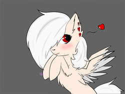 Size: 1600x1200 | Tagged: safe, artist:akumashake, oc, oc only, pegasus, pony, blushing, colored wings, ear piercing, earring, heart, jewelry, piercing, red eyes, solo, white hair