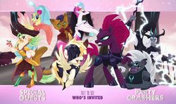 Size: 3240x1920 | Tagged: safe, screencap, capper dapperpaws, captain celaeno, grubber, princess skystar, queen novo, songbird serenade, storm king, tempest shadow, abyssinian, cat, pony, seapony (g4), anthro, g4, my little pony: the movie, official, anthro with ponies, chest fluff, headworn microphone