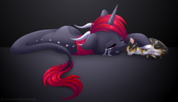 Size: 3586x2060 | Tagged: safe, artist:scarlet-spectrum, oc, oc only, oc:scarlet spectrum, cat, dracony, hybrid, pony, crying, death, female, friends, high res, mare, pet, red and black oc, tribute