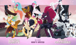 Size: 360x213 | Tagged: safe, screencap, capper dapperpaws, captain celaeno, grubber, princess skystar, queen novo, songbird serenade, storm king, tempest shadow, abyssinian, cat, parrot, pony, seapony (g4), anthro, g4, my little pony: the movie, official, animated, anthro with ponies, chest fluff, gif, headworn microphone
