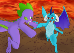 Size: 2330x1674 | Tagged: artist needed, safe, princess ember, spike, dragon, g4, cave, colored, lava, sparring