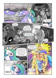 Size: 1380x1920 | Tagged: safe, artist:pencils, princess celestia, princess luna, spike, twilight sparkle, oc, oc:anon, oc:sky shatter, oc:vibrant vision, alicorn, bat pony, dragon, earth pony, human, pegasus, pony, comic:anon's pie adventure, g4, abs, apollo, armor, both cutie marks, cape, chest hair, clothes, comic, crown, crying, dock, female, floppy ears, gloves, healing, hoof shoes, human male, jewelry, laurel wreath, male, mare, muscles, nauseous, open mouth, peytral, regalia, regret, ruined for marriage, sad, sitting, smiling, speech bubble, twilight sparkle (alicorn)