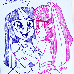 Size: 1080x1080 | Tagged: safe, artist:antych, sci-twi, twilight sparkle, equestria girls, g4, bow, cute, duality, glasses, ponytail, smiling, traditional art, twiabetes, twolight