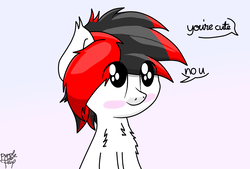 Size: 1138x768 | Tagged: safe, artist:php142, oc, oc only, oc:tiorafa, earth pony, pony, blushing, cute, gradient background, looking up, male, paint tool sai, shy, sitting, solo, text