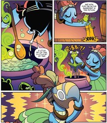 Size: 1161x1327 | Tagged: safe, artist:brendahickey, idw, meadowbrook, earth pony, frog, pony, g4, spoiler:comic, spoiler:comiclom6, cauldron, confident, healer's mask, mask, meadowcute, mucus, potion, smug