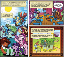 Size: 982x864 | Tagged: safe, artist:brenda hickey, idw, meadowbrook, earth pony, pony, g4, legends of magic #6, my little pony: legends of magic, spoiler:comic, female, filly, foal, healer's mask, mask, plate, reality ensues, shrunken pupils, unnamed character, unnamed pony, wide eyes