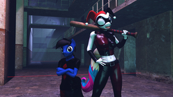 Size: 3020x1698 | Tagged: safe, artist:scalelover, oc, oc only, oc:nick, anthro, 3d, batman, belly button, harley quinn, kid, male, midriff, sidekick, source filmmaker