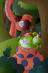 Size: 765x1165 | Tagged: safe, artist:snakeythingy, oc, oc only, oc:sketchy dupe, oc:watermelana, lamia, original species, snake pony, coils, forest, hypnosis, kaa eyes, looking at each other, massage, mind control, smiling, story included