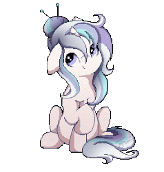 Size: 274x288 | Tagged: safe, artist:mindlesssketching, oc, oc only, oc:pastel tanzanite, earth pony, pony, animated, female, gif, mare, pixel art, simple background, sitting, solo, transparent background