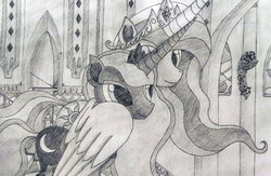 Size: 3192x2079 | Tagged: safe, artist:moonsheid, princess celestia, princess luna, a royal problem, g4, castle, hallway, high res, hug, lavender, pencil drawing, smiling, traditional art, winghug, wings