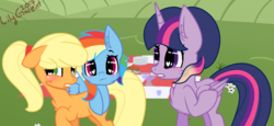 Size: 1024x469 | Tagged: safe, artist:fragrance-mlpng, applejack, rainbow dash, twilight sparkle, alicorn, pony, g4, alternate hairstyle, base used, heart eyes, picnic, twilight sparkle (alicorn), wingding eyes